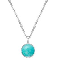Silver necklace featuring an oval turquoise pendant. The pendant has a smooth, glossy surface with a marbled blue-green pattern.
