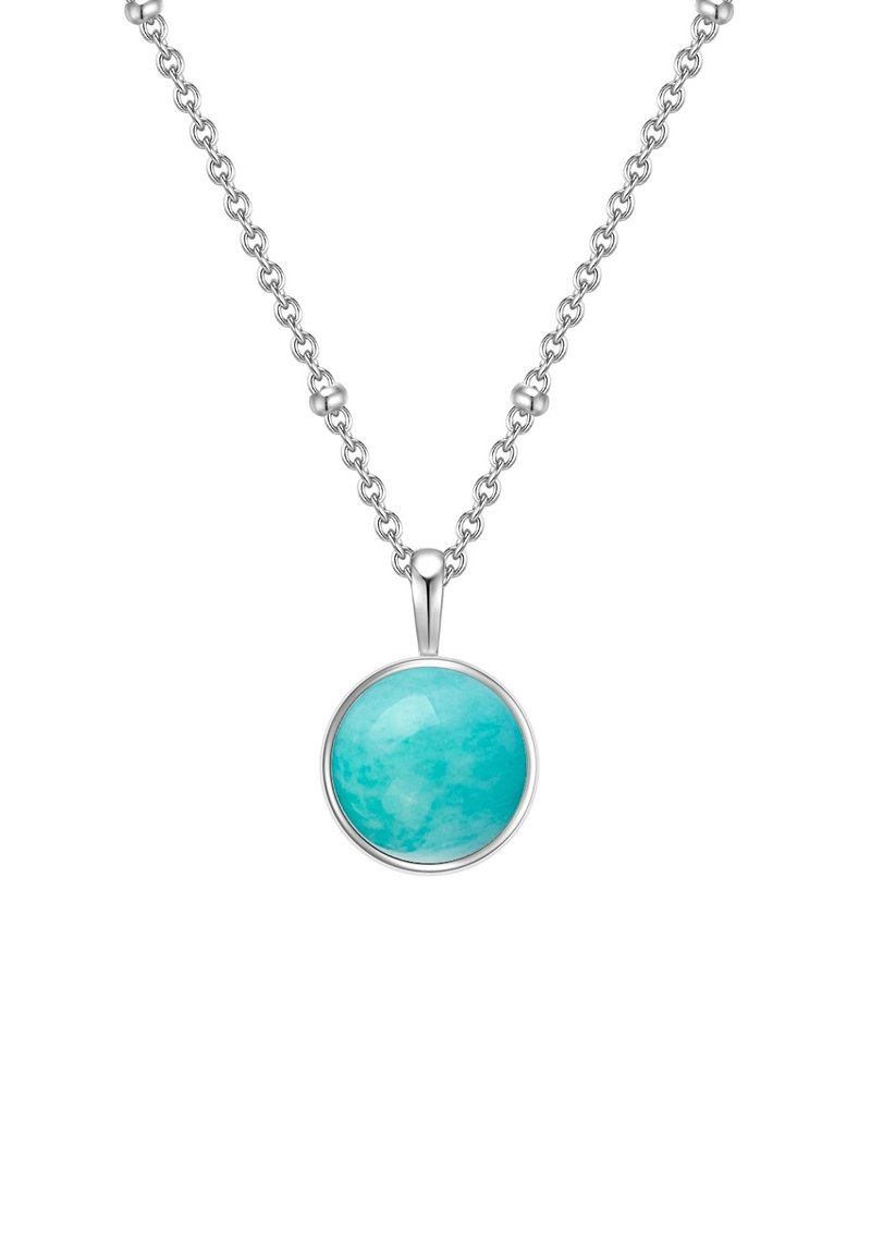 Silver necklace featuring an oval turquoise pendant. The pendant has a smooth, glossy surface with a marbled blue-green pattern.