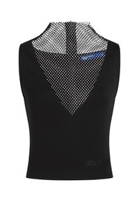 Black sleeveless top featuring a V-shaped neckline with a netted mesh design and silver studs. Includes a logo detail near the hem.