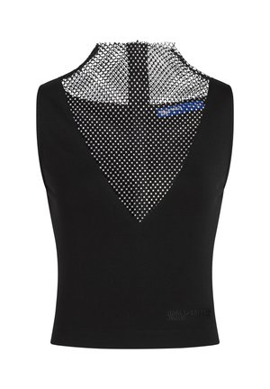 Black sleeveless top featuring a V-shaped neckline with a netted mesh design and silver studs. Includes a logo detail near the hem.