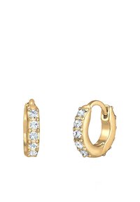 Orecchini a cerchio in oro con una fila di cristalli trasparenti su un lato, dal design arrotondato e liscio e con chiusura a scatto sicura.