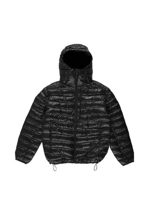Czarna pikowana kurtka puchowa z zamkiem z przodu, wysokim kołnierzem i elastycznymi ściągaczami na dole. Materiał ma błyszczące wykończenie i pikowany wzór.