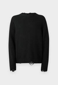 Schwarzer Strickpullover mit rundem Ausschnitt, langen Ärmeln und Spitzenakzenten am Saum und an den Bündchen. Verfügt über eine gerippte Textur im gesamten Design.