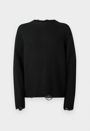 Suéter negro de punto con cuello redondo, mangas largas y detalles de encaje en el dobladillo y los puños. Presenta una textura acanalada en toda su superficie.