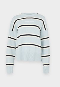 Hellblauer Strickpullover mit horizontalen schwarz-weißen Streifen. Verfügt über einen gerippten Saum und Bündchen, einen runden Halsauschnitt und das Logo "GUESS JEANS".