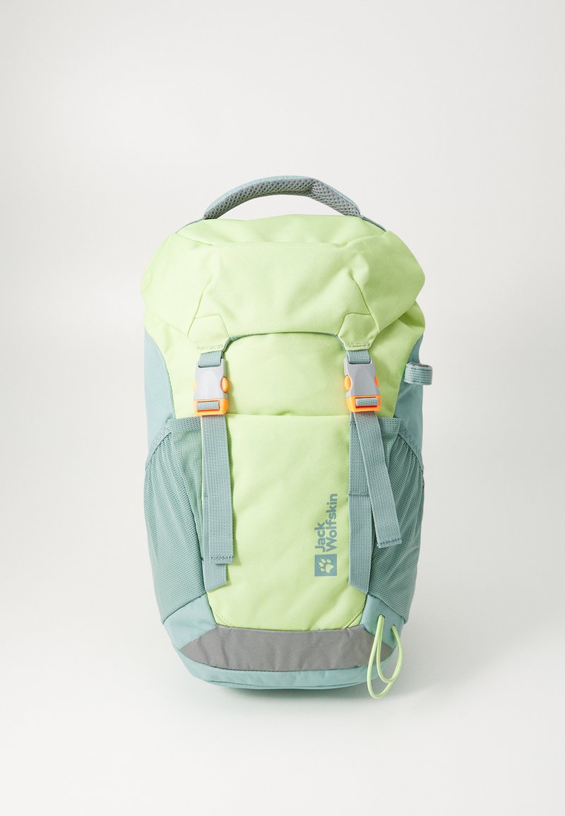 Green and blue fabric backpack with a roll-top design, orange accents, mesh straps, and side pockets. Features logo on the front.