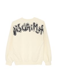 Felpa a maniche lunghe crema con testo in stile graffiti nero che recita "disclaimer" sulla parte superiore della schiena.