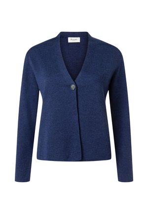 Dámský kardigan tmavě modré barvy s dlouhými rukávy, výstřihem do V, zapínáním na jeden přední knoflík a lehkou pletenou tkaninou.