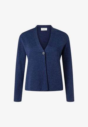 Dámský kardigan tmavě modré barvy s dlouhými rukávy, výstřihem do V, zapínáním na jeden přední knoflík a lehkou pletenou tkaninou.