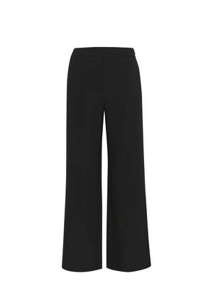 Pantaloni neri a gamba larga con vita alta, davanti piatto e senza chiusure visibili, esposti su sfondo bianco.