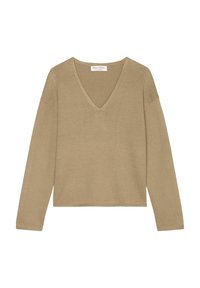 Maglione beige a V con maniche lunghe, realizzato in un materiale a maglia testurizzato. Presenta una vestibilità comoda e dettagli di cucitura sottili sui bordi.