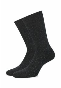 Ciemnoszare skarpetki o miękkiej fakturze, z wzorem w kropki w jasnoniebieskim kolorze, ściągaczami oraz standardowej długości do kostki.