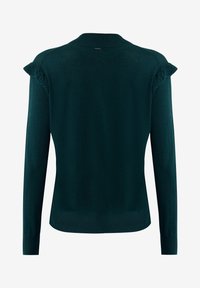 Mörkgrön långärmad tröja medVolangen detaljer längs axelsömmarna, ribbad krage, ärmslut och nederkant, visad från baksidan.