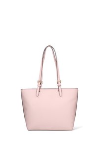 Roze leren draagtas met twee bovenhandvatten, een getextureerd oppervlak, rechthoekige vorm en contrasterende donkere randstiksels. Voorzien van goudkleurige hardware.