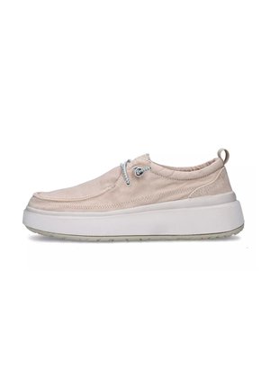 Scarpa slip-on in tela beige con suola in gomma bianca. Presenta una punta arrotondata, una finitura testurizzata e lacci in azzurro chiaro.