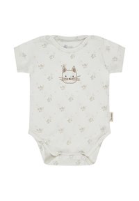 Cotton onesie in off-white with short sleeves. Features a cat face design and small floral patterns. Snap closures at the bottom.