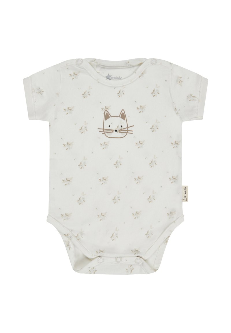 Cotton onesie in off-white with short sleeves. Features a cat face design and small floral patterns. Snap closures at the bottom.