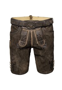 Braune Lederhosen mit dekorativer Prägung, kontrastierenden Nähten und einer Metallspange im Hirschdesign. Mit seitlichen Taschen.