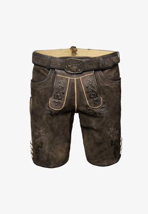 Brązowe skórzane szorty z ozdobnym tłoczeniem, kontrastowym ściegem i metalowym zapięciem z motywem jelenia. Posiadają kieszenie boczne.
