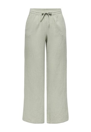Pantaloni larghi grigio chiaro con cintura elastica e cordoncino, caratterizzati da una superficie tessile testurizzata.