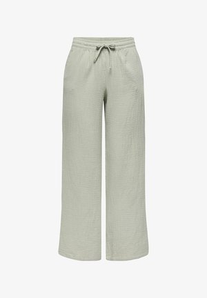 Lys grå buks med vid ben, elastisk linning og snoretræk, der har en tekstureret stofoverflade.