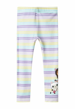 Leggings a strisce pastello di viola, giallo e teal; presentano una stampa di una ragazza con un gatto sulla gamba sinistra; morbido misto cotone.