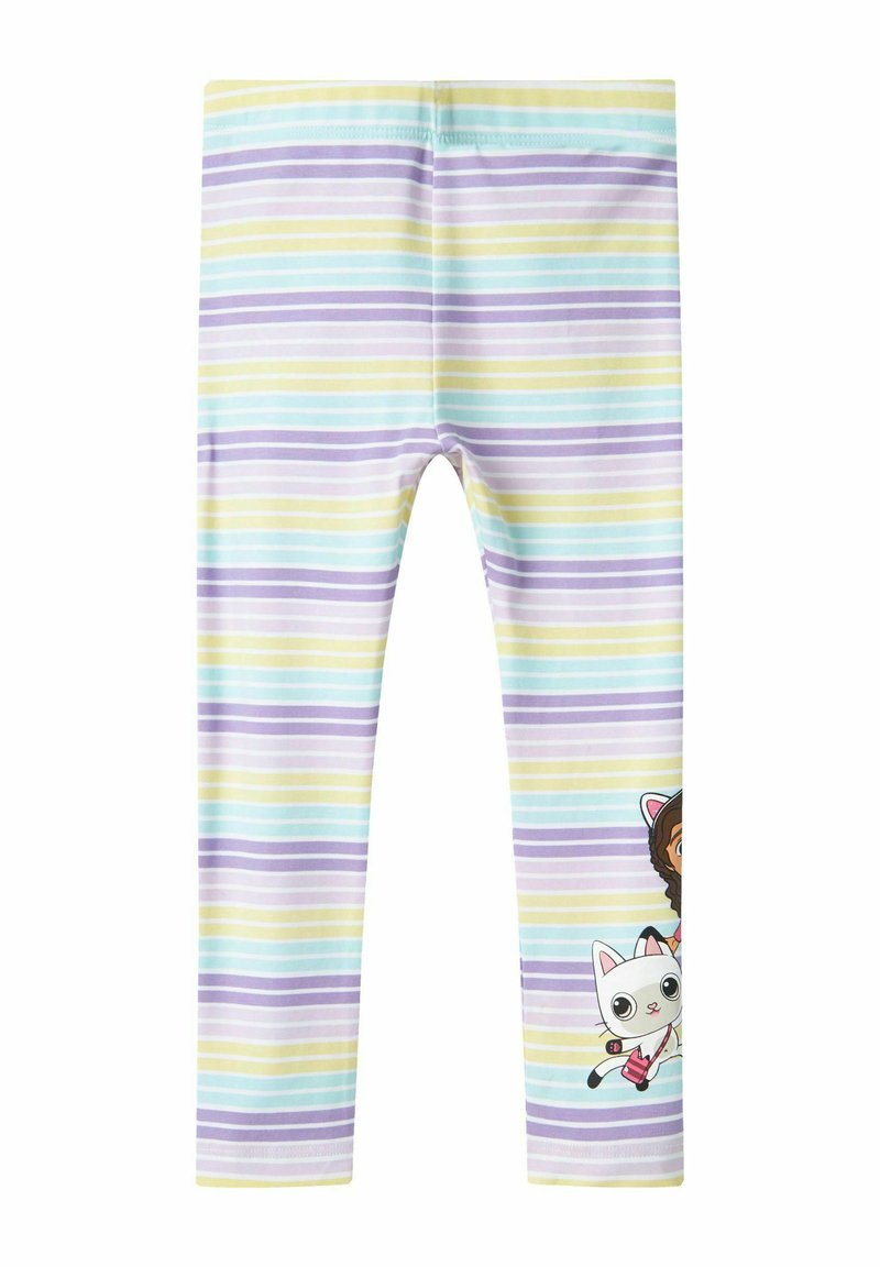 Leggings in pastel strepen van paars, geel en teal; heeft een gedrukt ontwerp van een meisje en een kat op het linkse been; zachte katoenen blend.