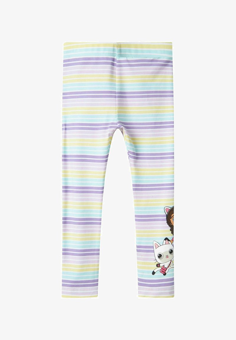 Leggings in pastel strepen van paars, geel en teal; heeft een gedrukt ontwerp van een meisje en een kat op het linkse been; zachte katoenen blend.