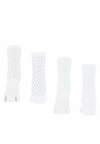 Białe skarpetki z różnymi wzorami w kropki: dwie pary z ciemnozielonymi kropkami i dwie z jasnozielonymi kropkami, wykonane z gładkiego materiału.