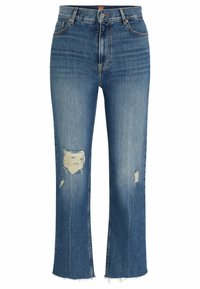 Ljusblå denimjeans med hög midja, med slitna knäfickor och fransar i fållen, vid bendesign och klassisk femfickorsdesign.