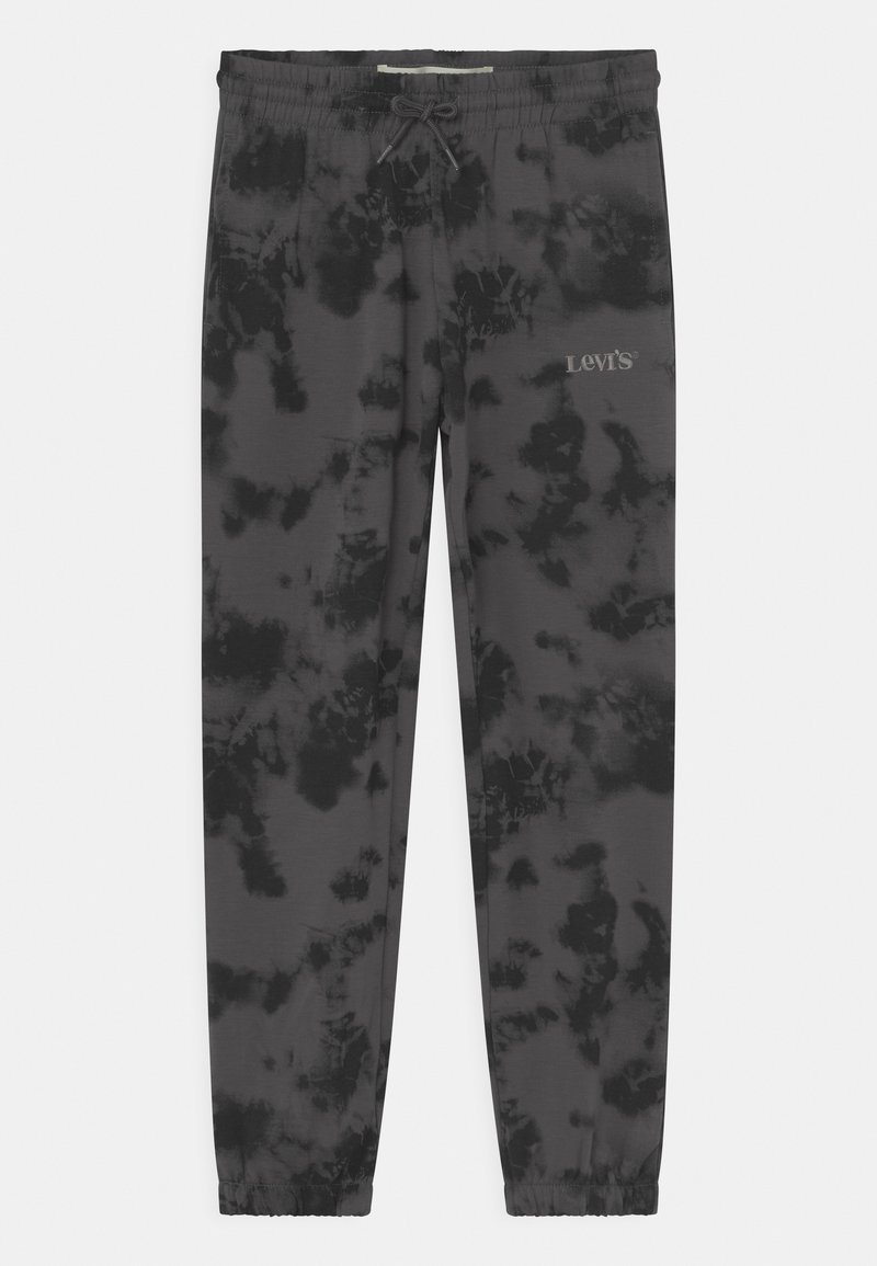 Dunkelgraue und schwarze Batik-Levi's-Sweathosen mit elastischem Bund, Kordelzug, Seitentaschen und elastischen Bündchen.