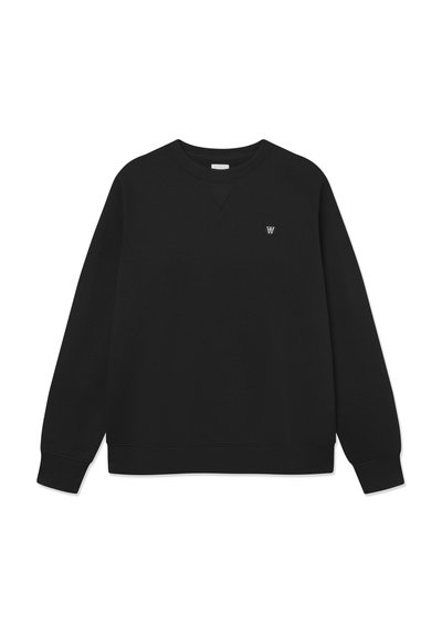 Schwarzer Sweatshirt aus weichem Stoff, mit rundem Halsausschnitt, langen Ärmeln, gerippten Bündchen und Saum sowie einem kleinen Emblem auf der Brust.