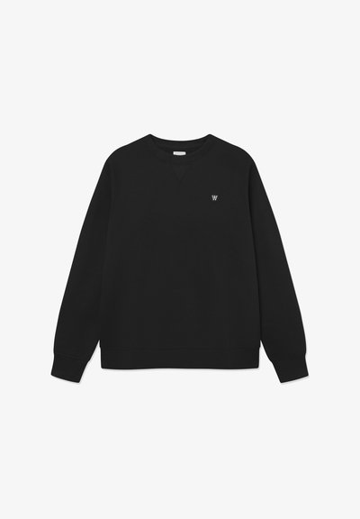 Schwarzer Sweatshirt aus weichem Stoff, mit rundem Halsausschnitt, langen Ärmeln, gerippten Bündchen und Saum sowie einem kleinen Emblem auf der Brust.