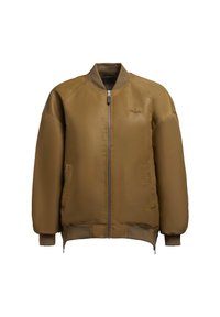 Veste bomber marron avec fermeture éclair frontale, poignets, col et ourlet côtelés, dotée de deux poches latérales et d'une broderie discrète du logo sur la poitrine.