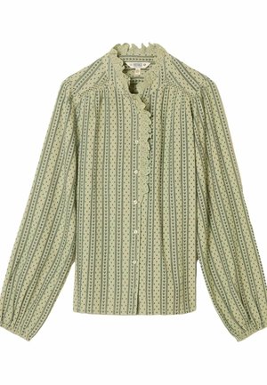 Grüne Bluse mit langen Ärmeln, einem gerafften Kragen, Knopfleiste und vertikalen Streifen mit kleinen Polka-Dots und Blattmustern.