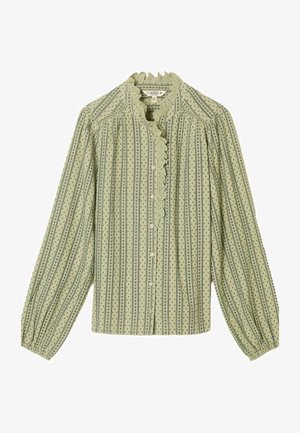 Grüne Bluse mit langen Ärmeln, einem gerafften Kragen, Knopfleiste und vertikalen Streifen mit kleinen Polka-Dots und Blattmustern.