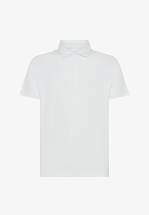 Polo shirt bianco in cotone con maniche corte, colletto classico e pattina con tre bottoni. Presenta un logo discreto sul petto.