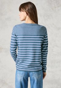 Blau und grau gestreifter Pullover mit Rundhalsausschnitt und langen Ärmeln, aus weichem Material gefertigt. Kombiniert mit hellblauen Jeans.