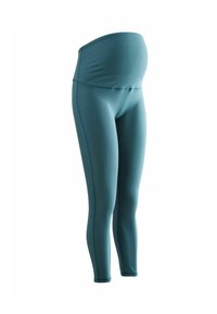 Zwangere leggings in teal, met een gladde, elastische stof, hoge tailleband voor comfort en een slank, figuurvolgend ontwerp.