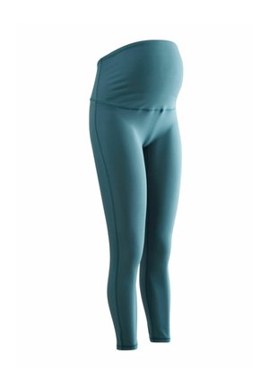 Schwangerschaftsleggings in Blaugrün, aus einem glatten, dehnbaren Stoff, mit hohem Bund für Komfort und einem eleganten, figurschmeichelnden Design.