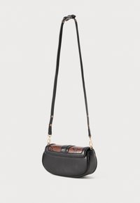 Black crossbody bag with a smooth leather finish and a patterned top, featuring a long adjustable strap and gold-tone hardware.
