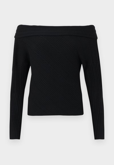 Μαύρο τοπ με μακριά μανίκια χωρίς ώμους, κατασκευασμένο από υφασμάτινο ριμπ ύφασμα, με χαρακτηριστικό υφή σε διαγώνιο μοτίβο και φαρδιά λαιμόκοψη.