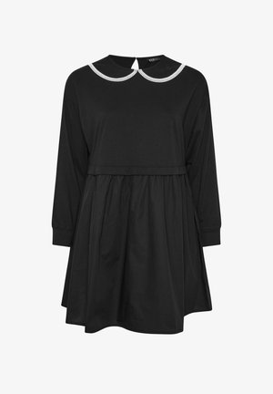 Abito nero con maniche lunghe, gonna arricciata e colletto rotondo bianco. Presenta una chiusura a chiave sul retro. Tessuto morbido e textured.