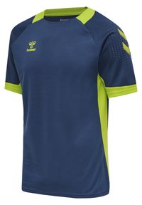Korte mouwen sporttrui in marineblauw met felgroene accenten. Gemaakt van een gestructureerde stof, met een logo en schouderstreep ontwerp.