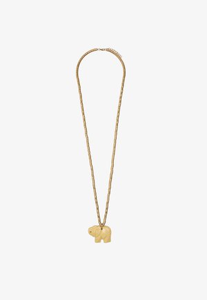 Naszyjnik z koralików w kolorze złotym, z małym zawieszką w kształcie słonia wyrzeźbioną z beżowego materiału, umieszczoną na białym tle.