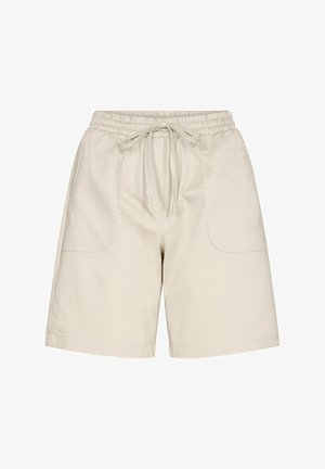 Șorturi din bumbac bej cu talie elastică, șnur ajustabil și două buzunare frontale. Textură netedă și croială dreaptă.