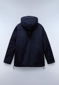 Navy blue jacket with a hood, featuring a drawstring at the waist, smooth texture, and long sleeves. Back view shows no prominent details.
