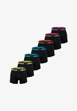 Zeven zwarte boxershorts met gekleurde taillebanden in geel, blauw, oranje, roze en paars, elk met opvallende "ellesse"-branding.
