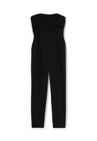 Svart utan axelband jumpsuit med en tvistad bodice, plisserad framsida och raka ben. Tillverkad av mjukt tyg. Inga ytterligare dekorationer eller detaljer.