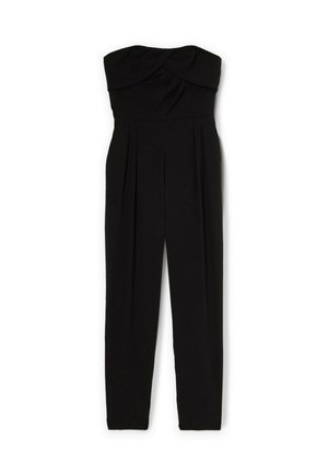 Mono negro sin tirantes con un cuerpo retorcido, frente plisado y piernas rectas. Hecho de una tela suave. Sin acentos ni detalles adicionales.